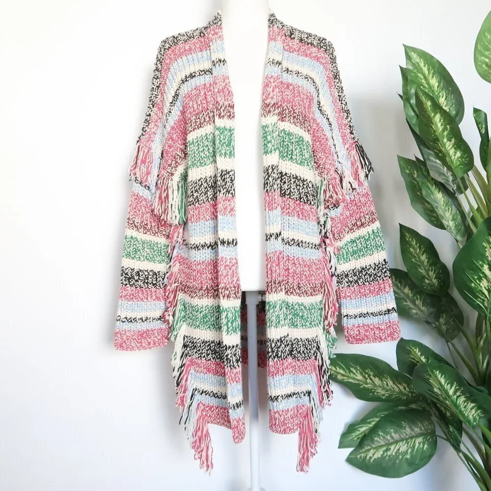 Maje Missy Multicolor Stripe Fringe Knit Long Sleeve Open Front Cardigan Small S - Picture 3 of 15